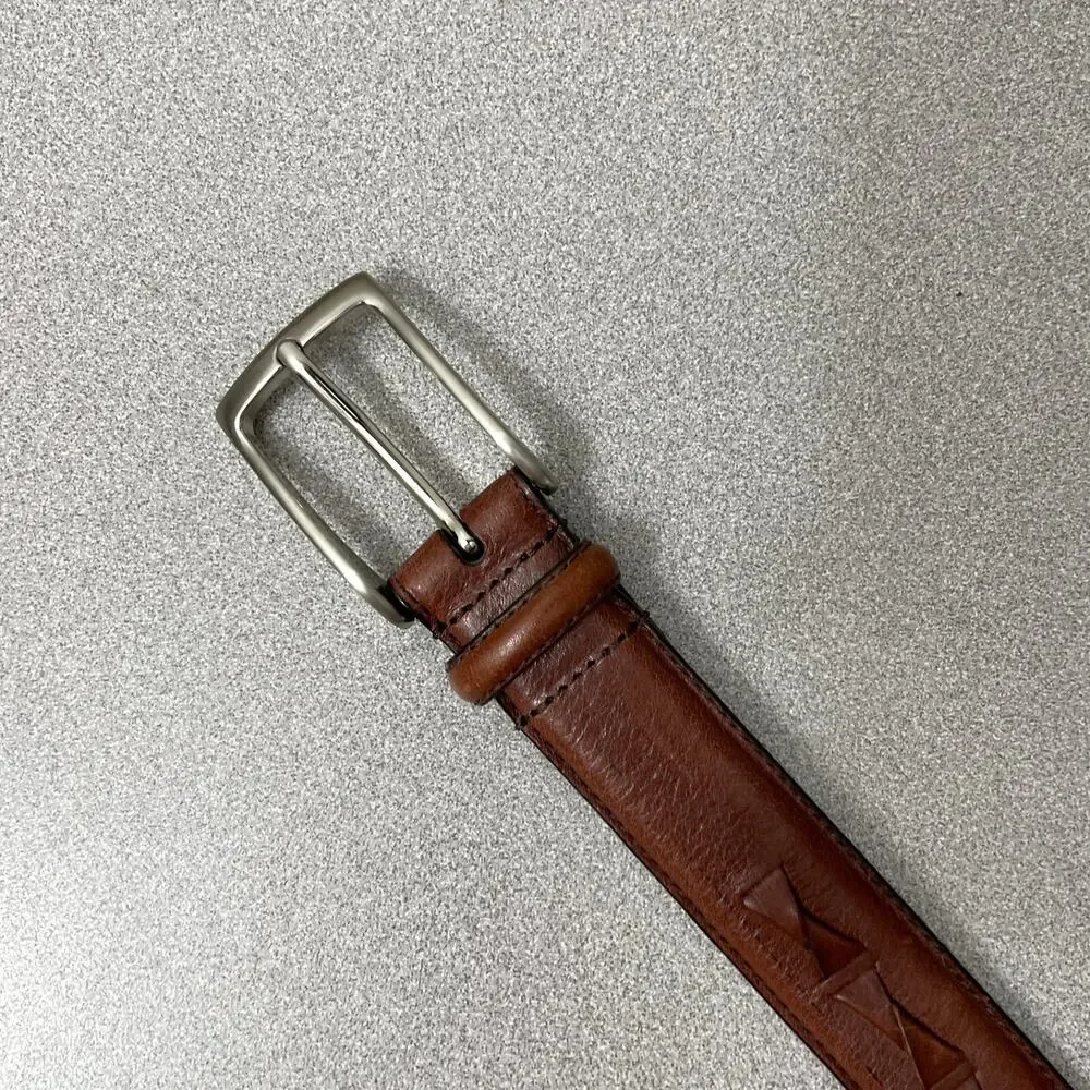 Fossil Brown Leather Belt Mens 38 Silver Buckle Woven 1.25